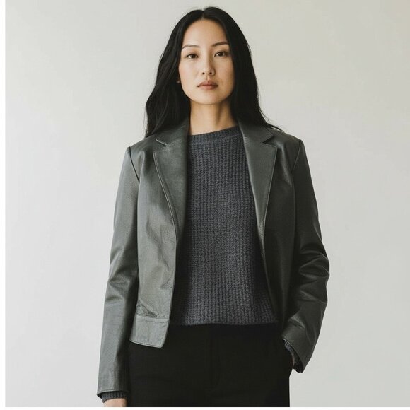 Y2K Leather Jacket Dark Green Open Sz M Medium Blazer Edgy VTG Newport News